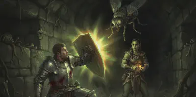 Bancroft's shield erupts with green divine light in the total darkness of the barrow